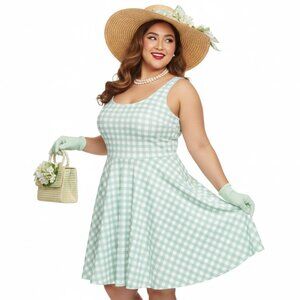 Plus Size Pastel Green Gingham 1950s Swing Dress